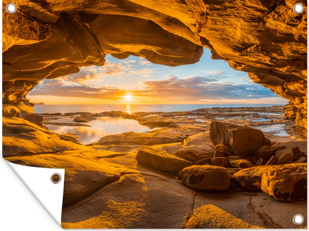 MuchoWow 80x60 cm Outdoor-Poster Gartendeko Sichtschutz Garten Poster für den Garten Höhle - Meer - Horizont - Sonnenuntergang