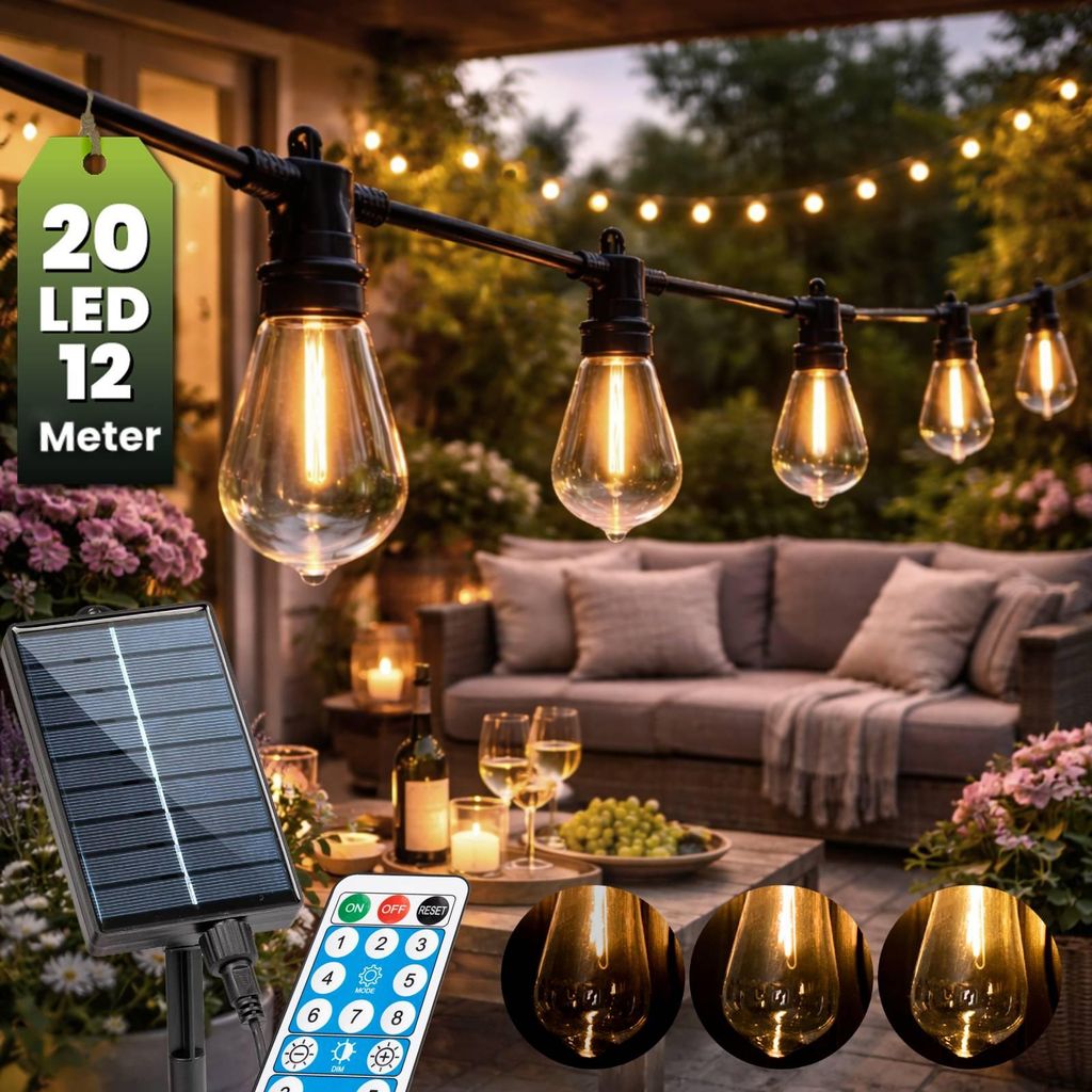 LUMILED Solar Lichterkette für Außen 12M ST58 20x LED Edison, mit Fernbedienung, Warmweiß 3000K IP44 spritzwasserdicht 8 Betriebsarten Dimmbar S...