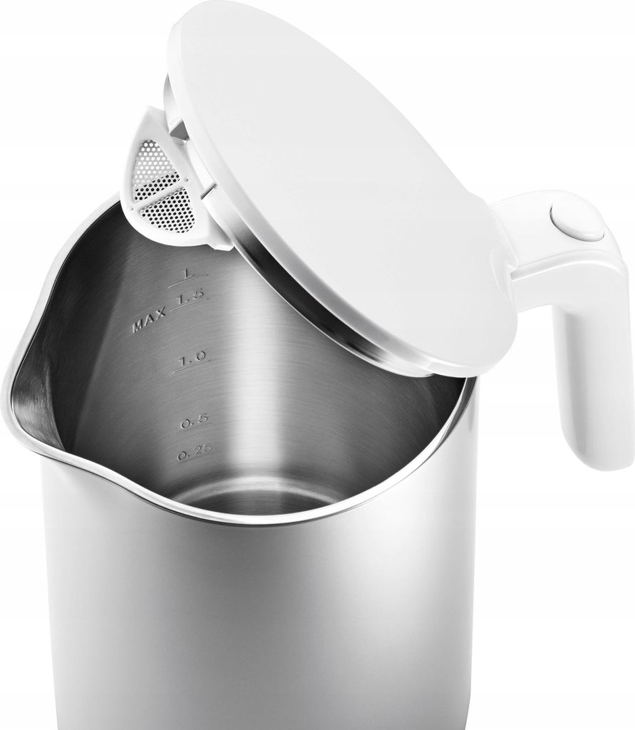 Close-up view of the interior of a ZWILLING Enfinigy Wasserkocher (kettle) with the lid open.