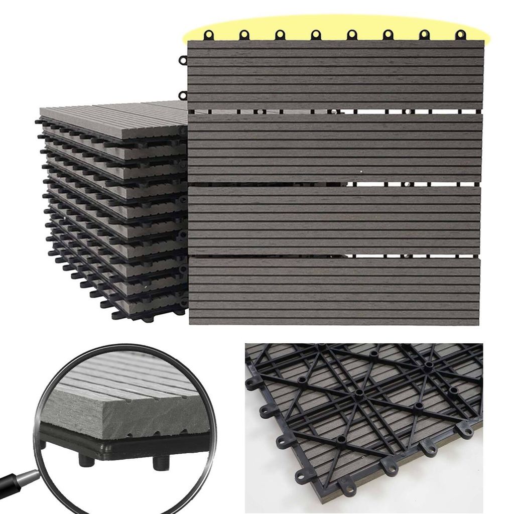 WPC Bodenfliese Rhone, Holzoptik Balkon/Terrasse, 11x je 30x30cm = 1qm Premium, grau linear