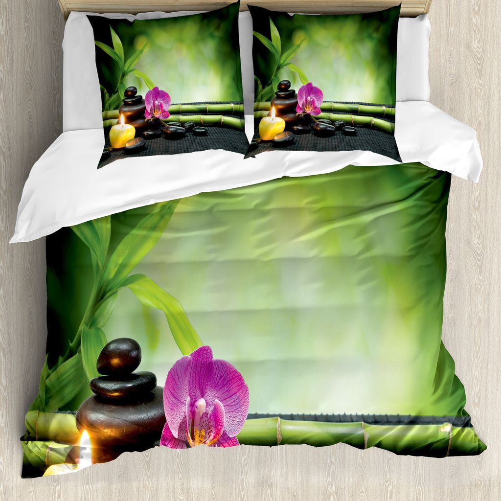 ABAKUHAUS Spa Bettbezugs Set Für Doppelbetten, Orchidee Bambusstangen Foto, Milbensicher Allergiker geeignet mit Kissenbezügen, Mehrfarbig