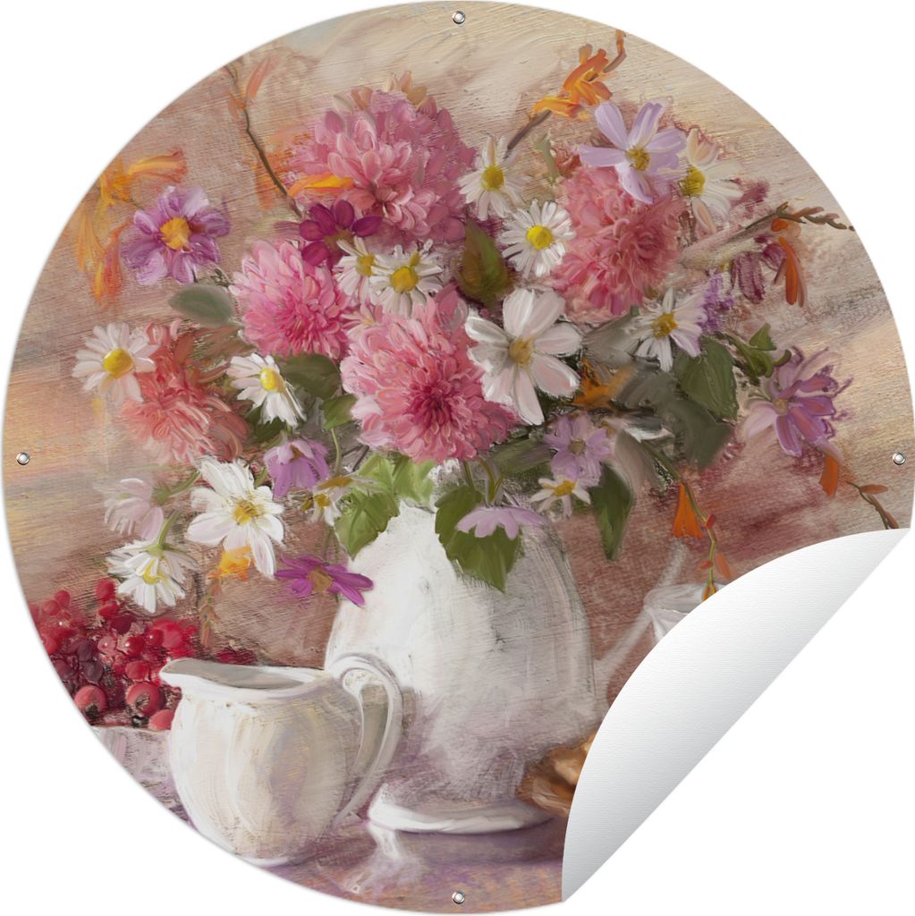 MuchoWow Gartenposter Outdoor-Poster Rund Gemälde - Blumen - Vase - Ölfarbe Ø 60 cm Gartendeko Rundes Poster draußen
