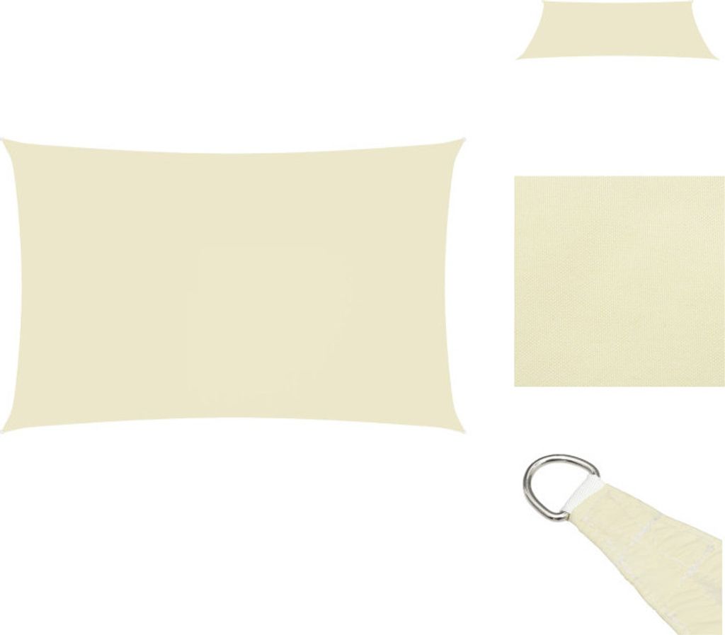 A rectangular cream-colored sun sail is shown against a white background, with a close-up of a corner with a metal ring.