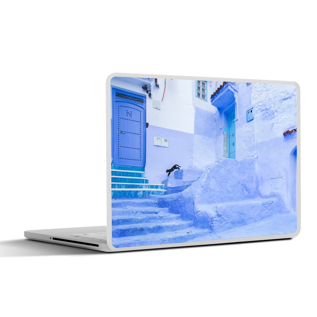 MuchoWow Laptop Aufkleber Sticker Cover Straße - Blau - Türen - Architektur 30x21 cm - Sticker für Laptop - Selbstklebend