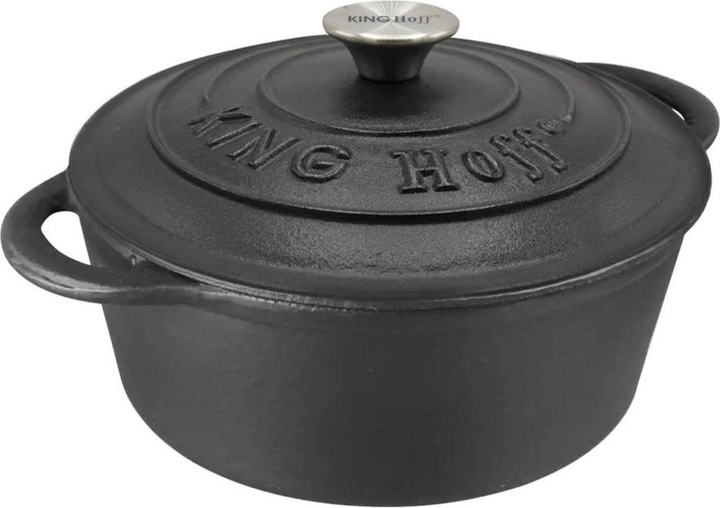 A black cast iron pot with a lid.