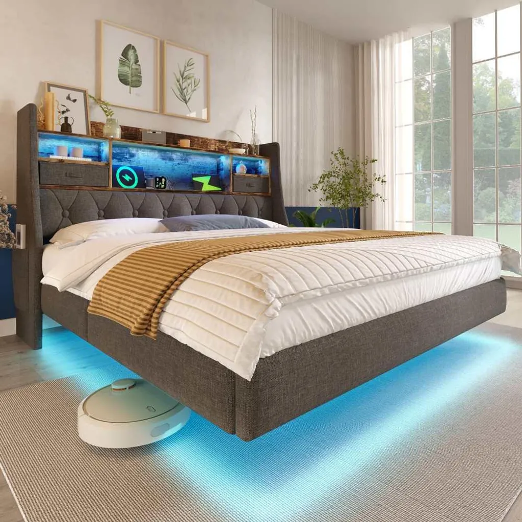 Lit rembourré 140x200 cm gris avec LED et chargeur USB Type-C intégré