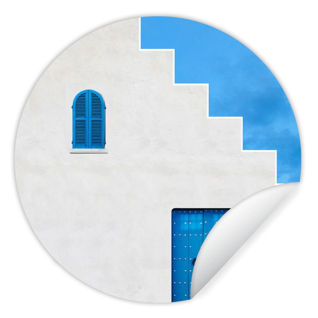 MuchoWow Runde Wandtattoo - Wandsticker Tapete Aufkleber Haus - Blau - Weiß - Tür Ø 100 cm Selbstklebend und Repositionierbar - Wandaufkleber ...