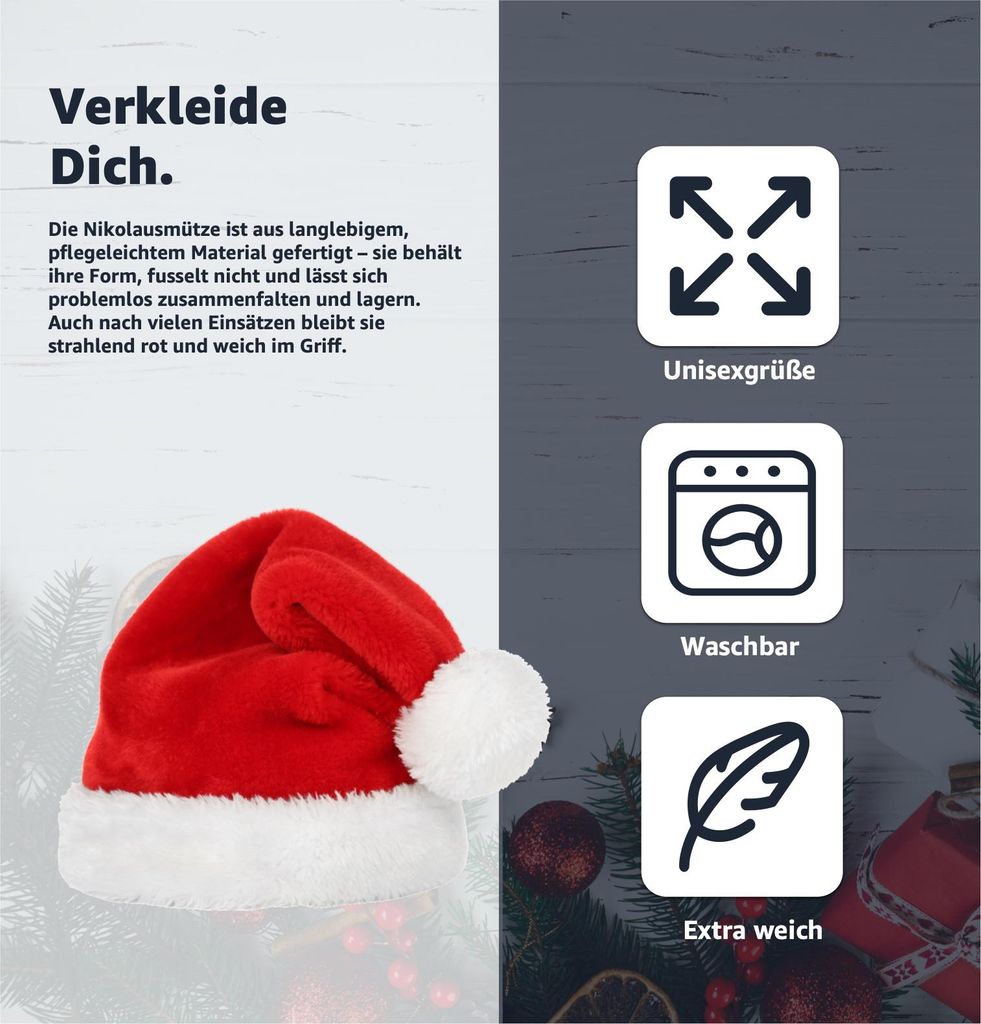 2 Stück Weihnachtsmützen – Nikolausmütze Mit Dickem Plüschrand, Rot, Kuschelweich