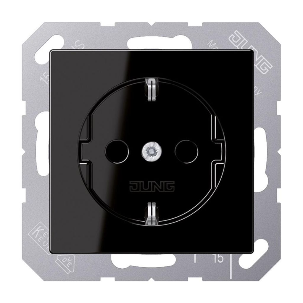 JUNG Steckdose 1f schwarz glänzend Unterputz horizontal/vertikal IP20 Zentralplatte