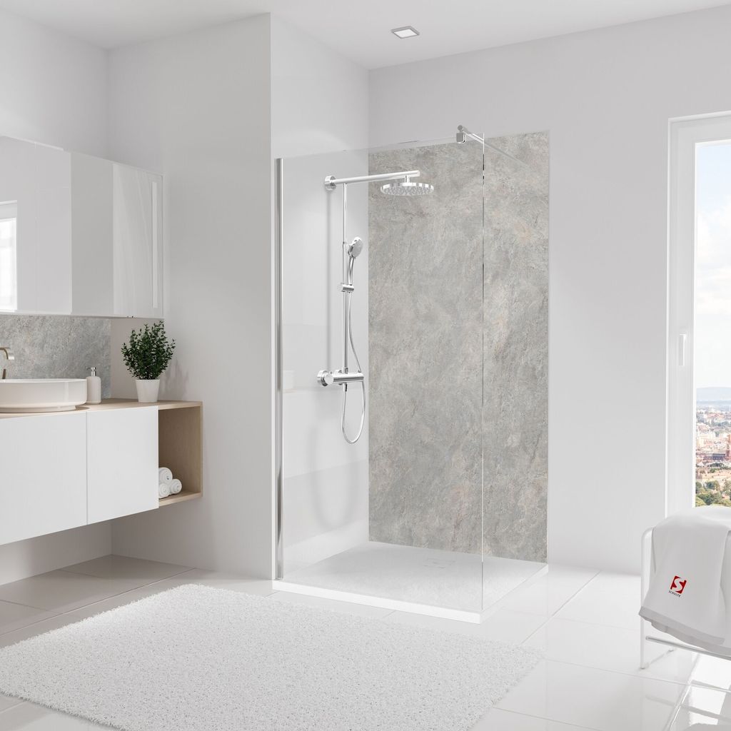Schulte Duschrückwand, 100x210 cm, Wandverkleidung Stein Beige-Grau, Aluminiumverbundplatte, fugenloser Fliesenersatz, D1901021-554
