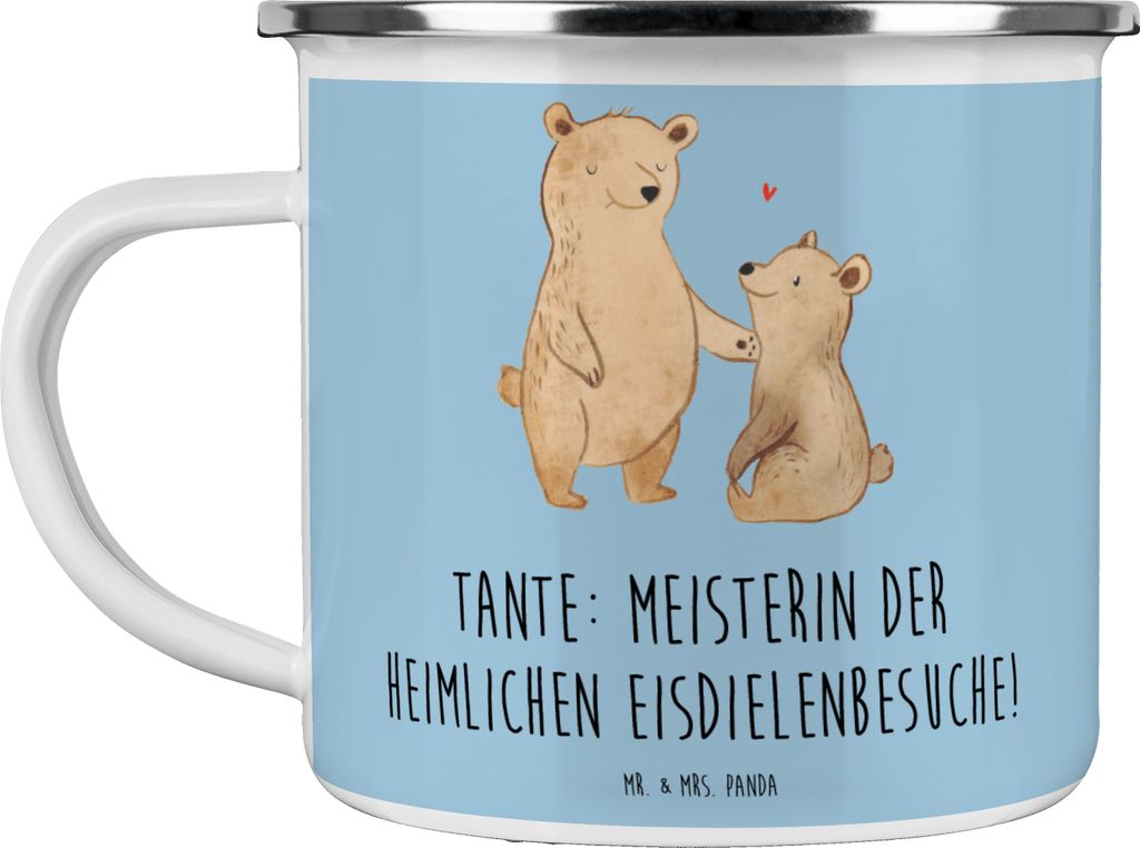 Mr. & Mrs. Panda Teetasse Tante Eisdielenmeisterin - Blau Pastell - Geschenk, Familie, Nichte, Humor, Neffe, Lustig, Emaille Tasse, Weihnachten, Po...