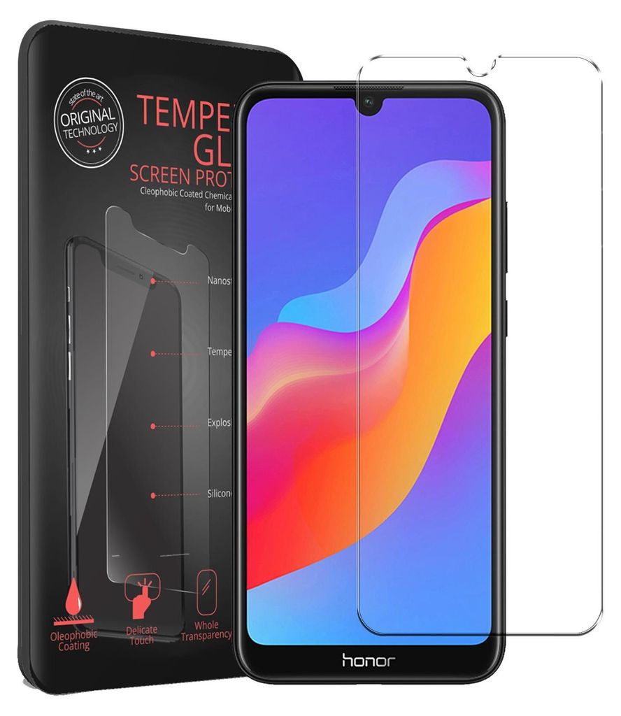 A product packaging for a screen protector for a Honor 8A phone, with the phone itself displayed on the packaging.