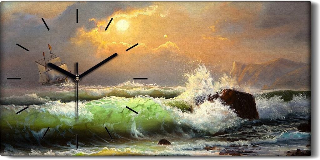 Wandbild Leinwand Bilder mit Uhr 60x30 Gemälde Ozean Meer Schiff Sonnenuntergang - schwarze Hände