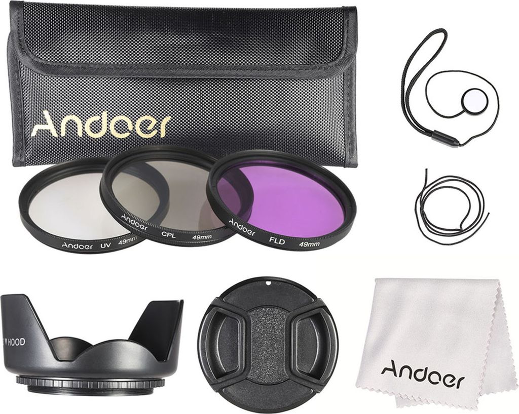 Andoer 49mm Filter Kit (UV + CPL + FLD) + Nylon tragen Beutel + Objektivdeckel + Cap Linsenhalter + Gegenlichtblende + Objektiv Reinigungstuch
