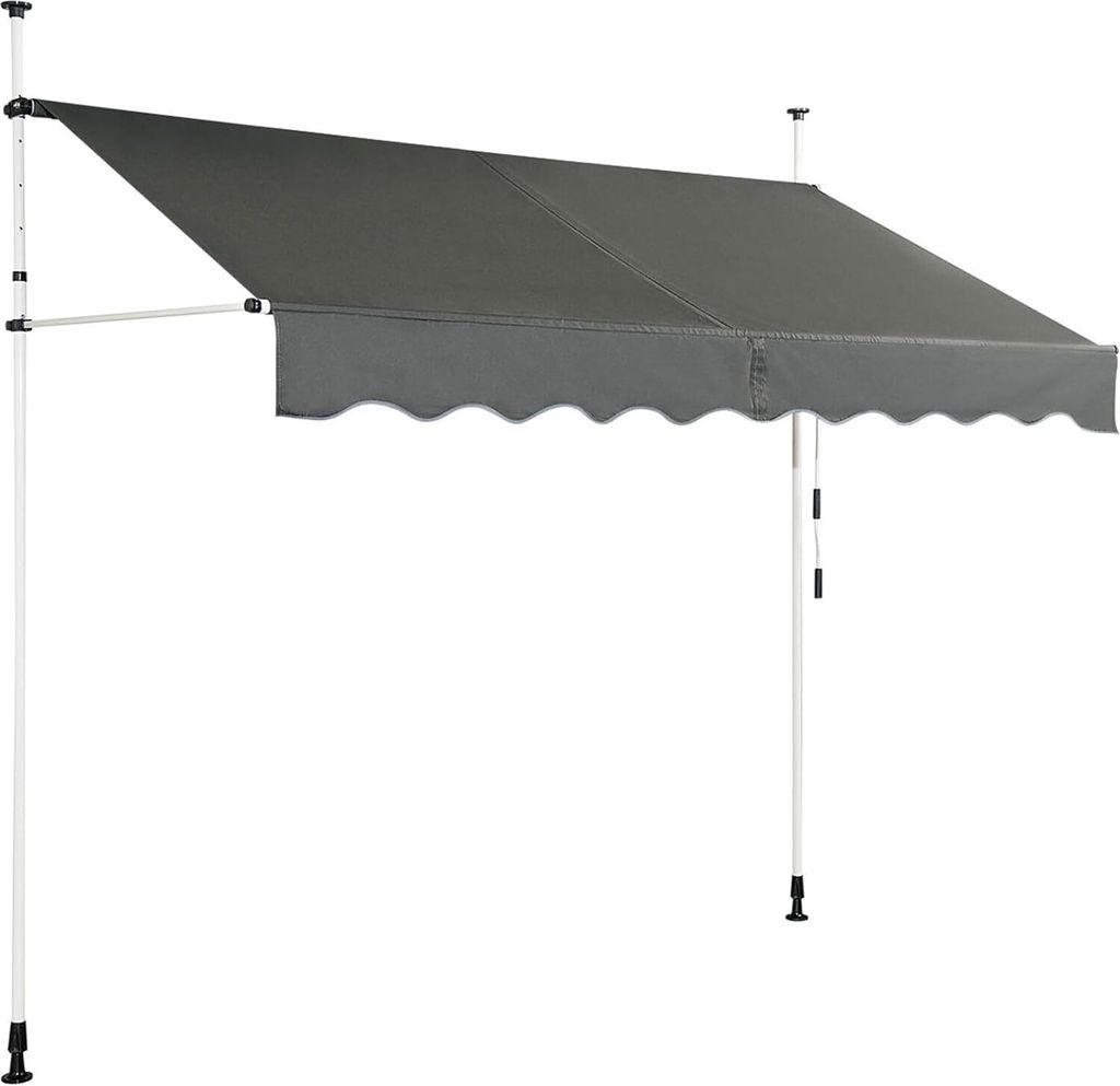 A gray awning supported by white poles, set against a white background.
