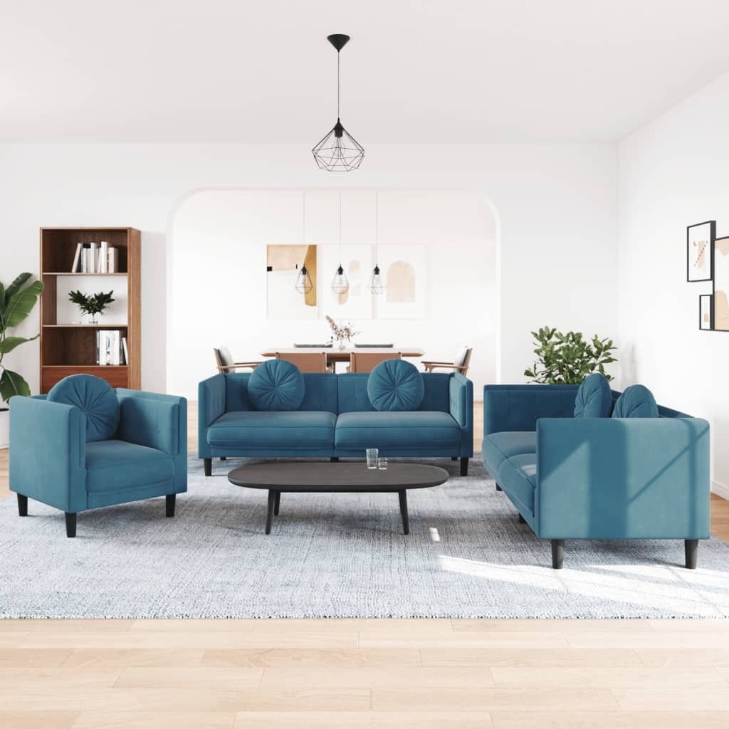 "im Angebot" 3-tlg. Sofagarnitur - Sofa-Set - Couchgarnitur - mit Kissen Blau Samt - Klassische Sofas CC9275