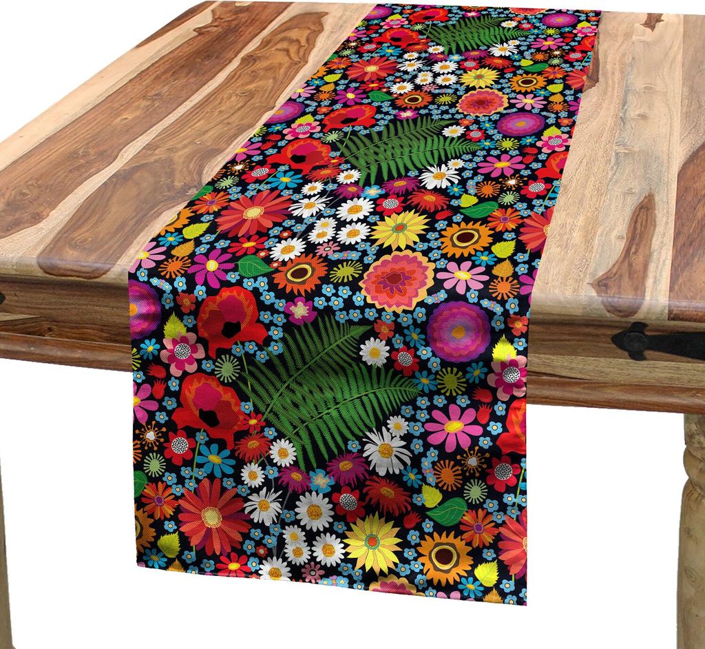 ABAKUHAUS Blumen Tischläufer, Bunte Frühlings-Wildblumen-Demonstration mit Astern Kamillen und Farnlaub, 40 x 180 cm, Mehrfarbig