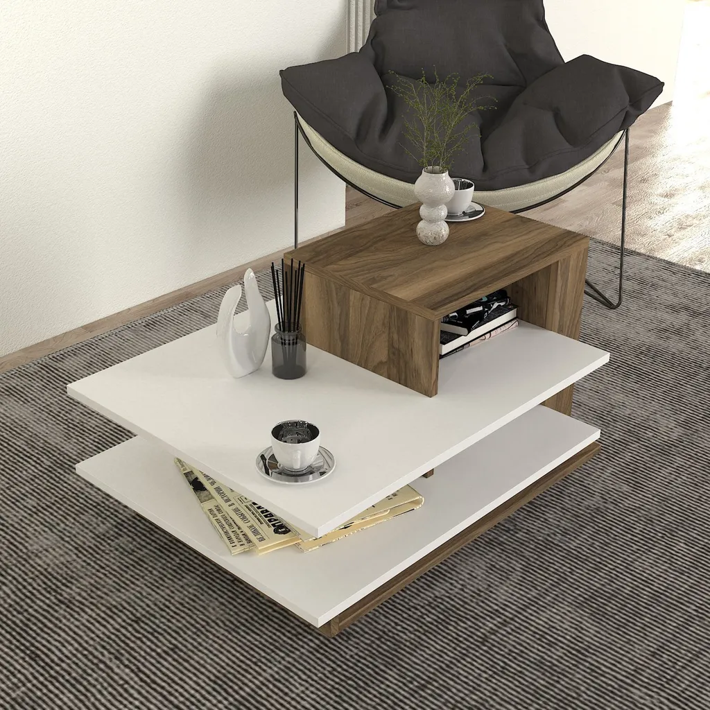 Table basse design Venüs avec rangement intégré blanc et noyer - 6
