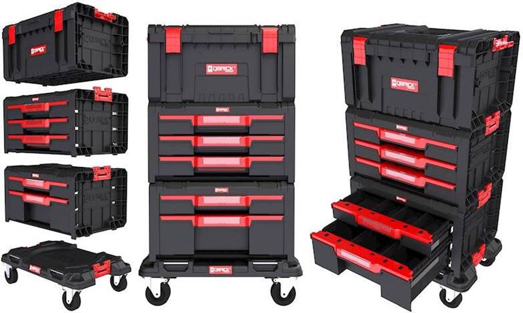 A set of modular toolboxes and drawers stacked on a wheeled base, displayed against a white background.