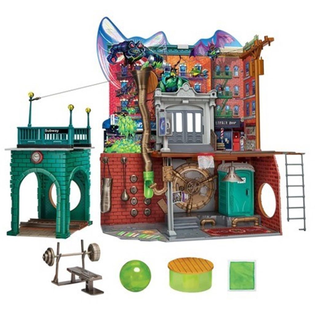 A detailed toy playset depicting a multi-level building with various rooms and accessories.