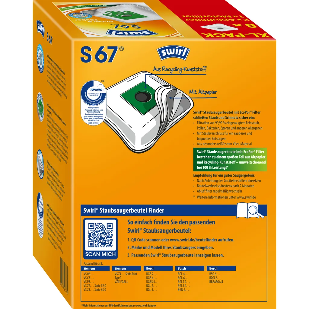 Sacs d'aspirateur haute filtration S 67 XL EcoPo en lot économique