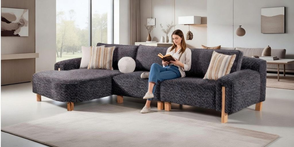 Elegantes Ecksofa in Grau mit Holzbeinen für modernes Design
