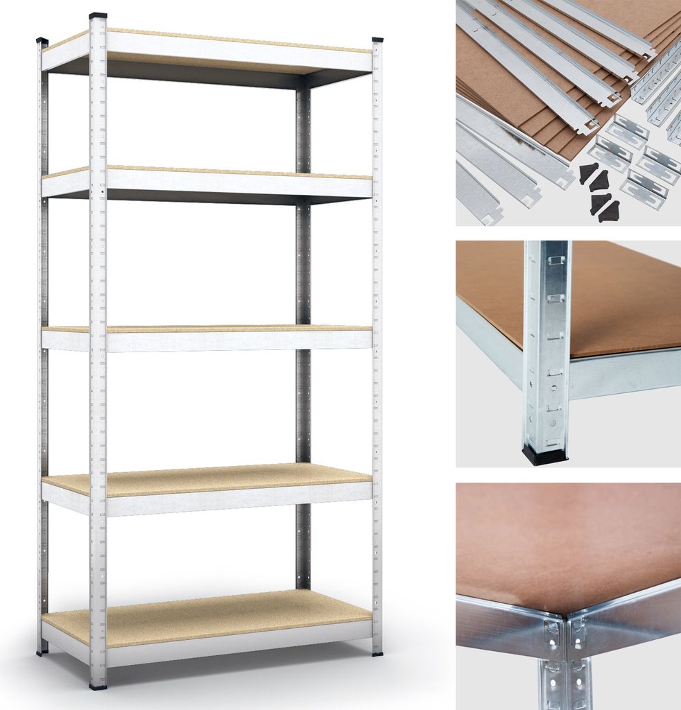 A multi-shelf metal storage rack with wooden shelves, shown in a studio setting.
