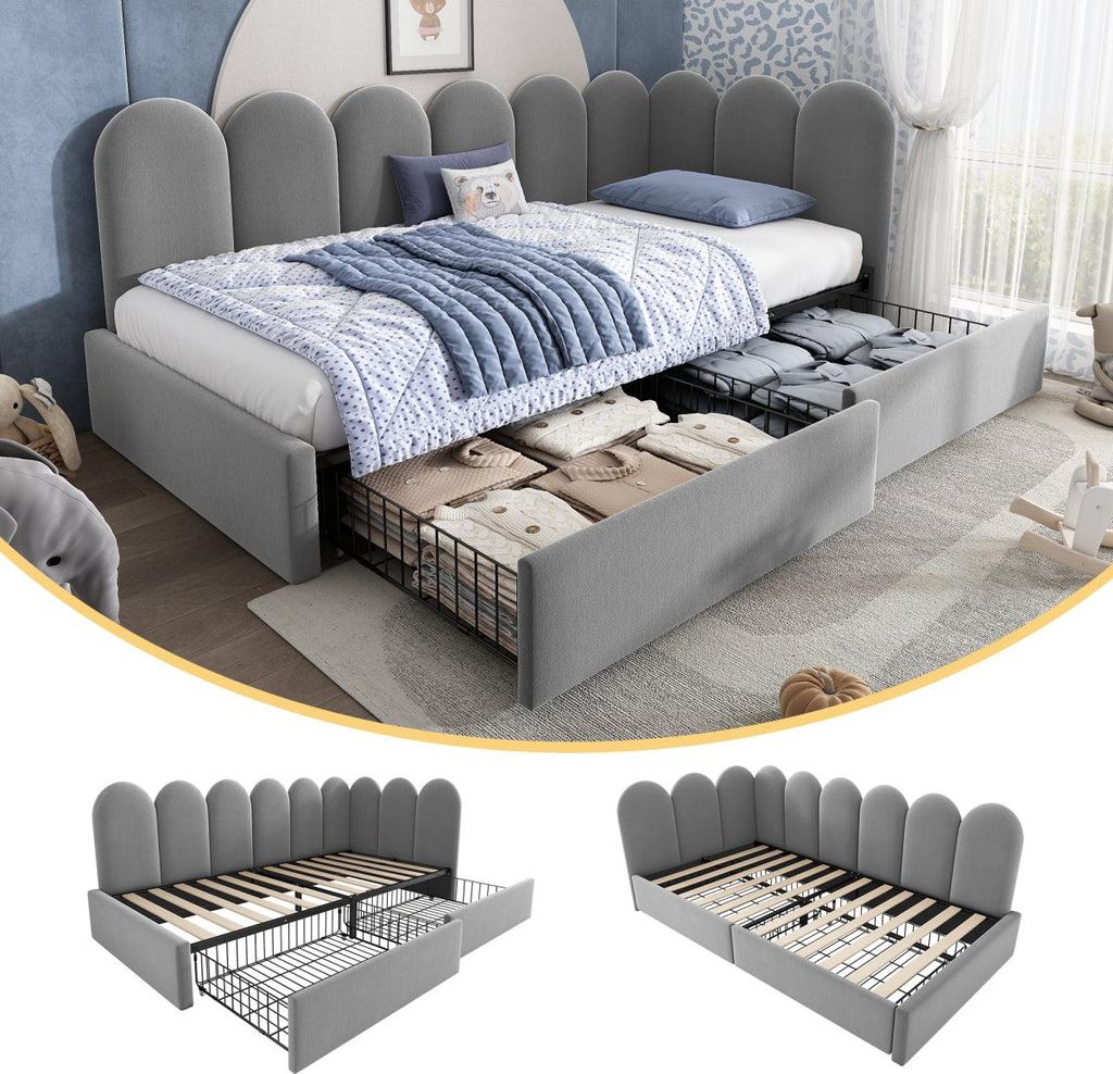 Polsterbett Einzelbett 90 x 200 cm Grau mit 2 Schubladen Samt Daybett ohne Matratze