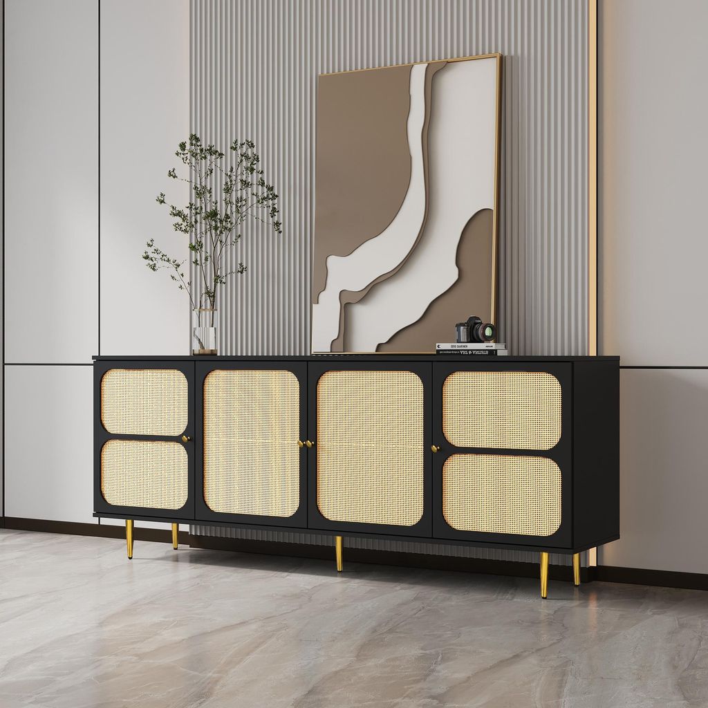 TV-Schrank TV-Lowboard 180x40x60 cm Retro-TV-Moebel mit Rattanoptik Metallbeine Wohnzimmer Schwarz-braunes