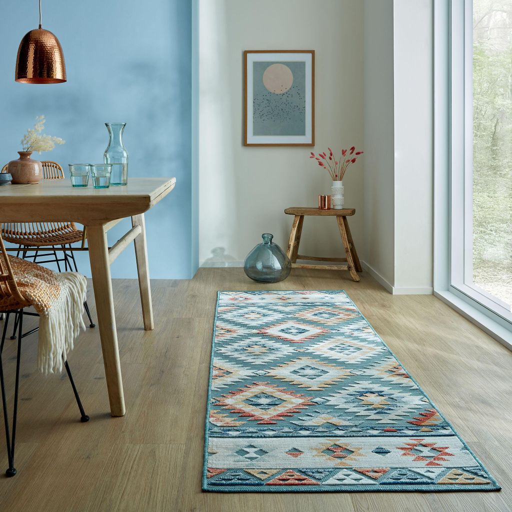 Outdoor Teppich Boho Orientalisch, Terrasse schmutzabweisend Blau Läufer 80x230 | 100% Polypropylen, Rücken aus 100% Polypropylen | Florhöhe: 4 cm