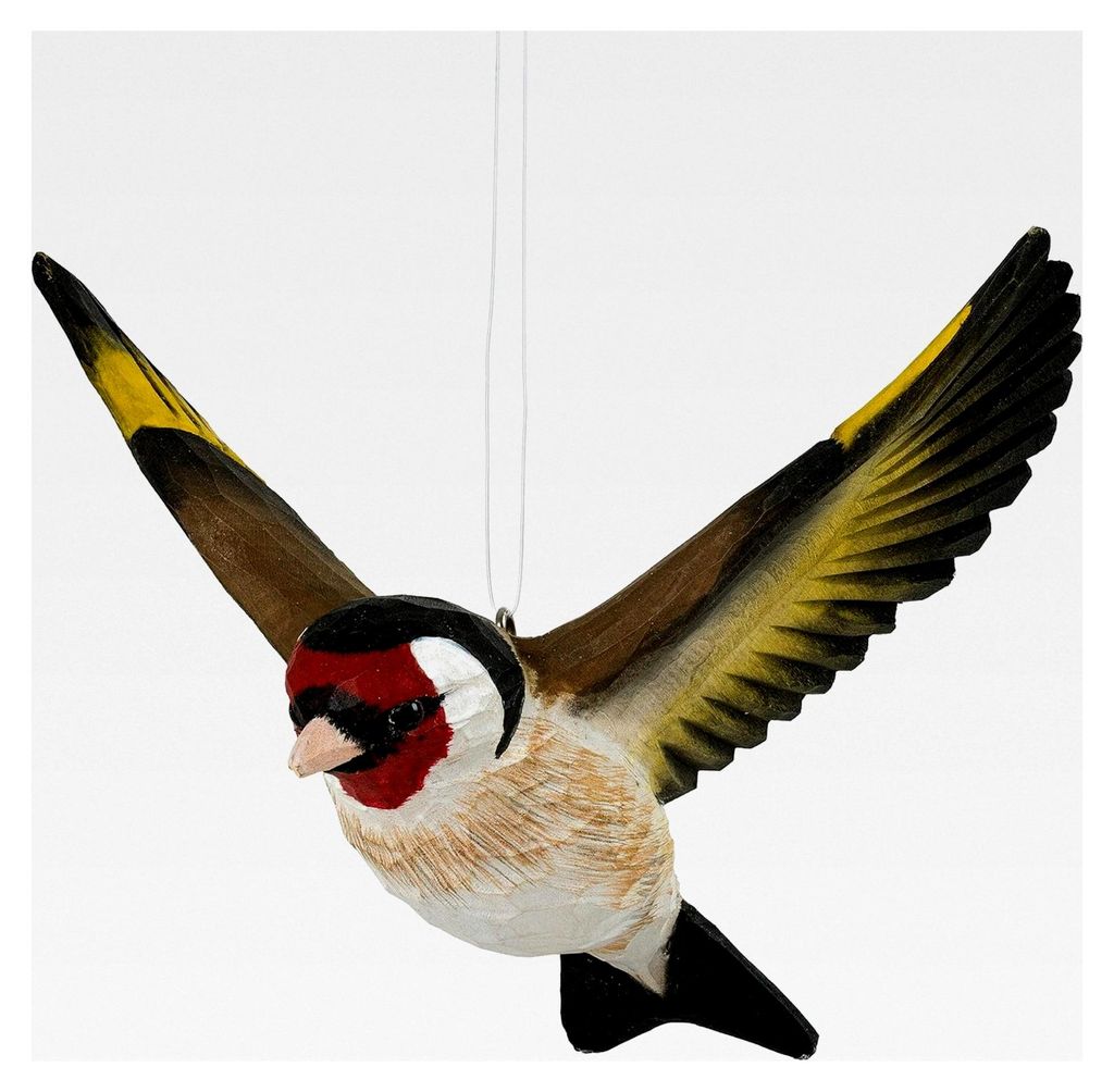 Wildlife Garden DecoBird Fliegender Stieglitz - Handgeschnitzter Dekorativer Vogel aus Holz - Fliegende Vögel