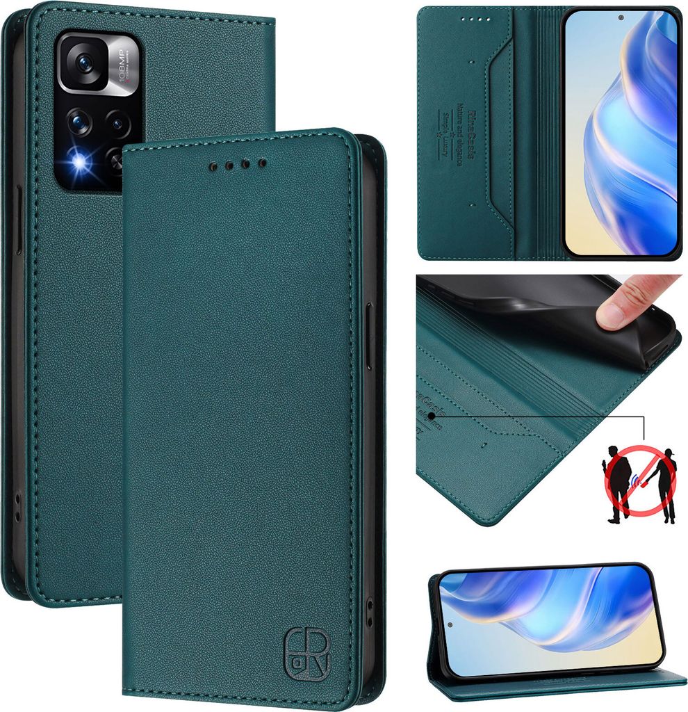 Lederhülle für Xiaomi Poco X4 NFC Hülle Flip Brieftasche Kartenfächern Ständer Schutzhülle Dunkelgrün