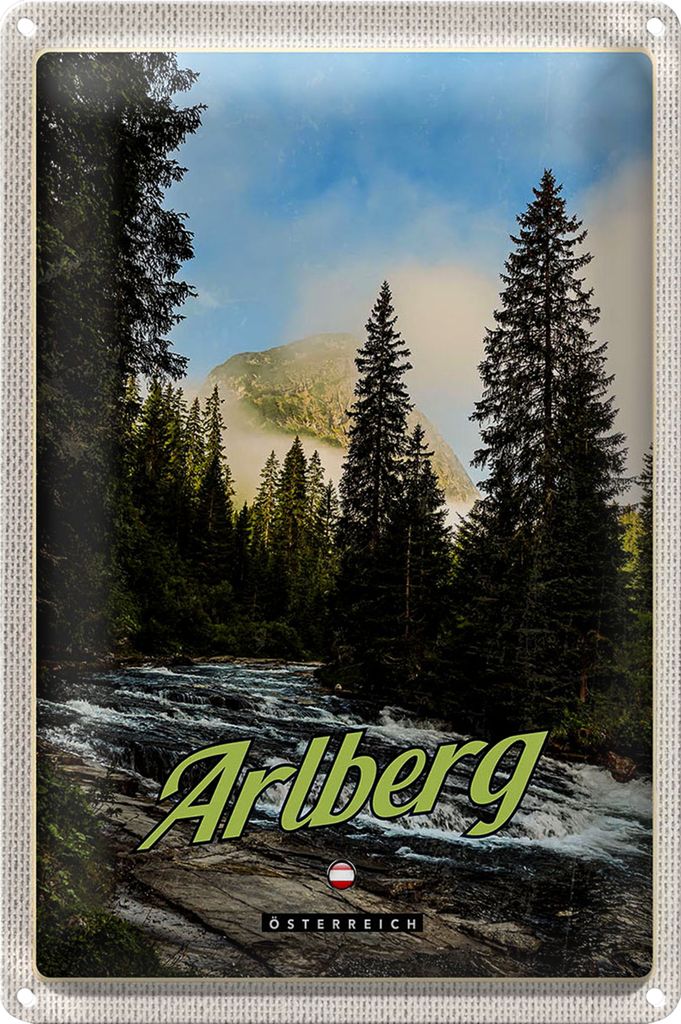 Blechschild Reise 40x30cm Arlberg Wälder Wasserfall Strömung