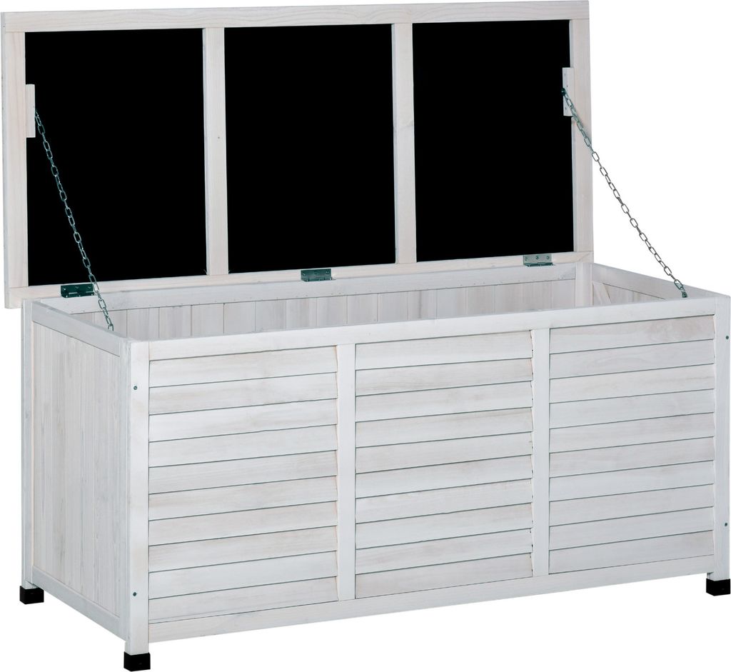 Outsunny Garten-Aufbewahrungsbox aus Holz für den Außenbereich mit zu öffnendem Deckel und Rollo-Design, 127 x 56 x 60 cm, Weiß