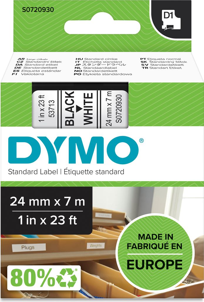 DYMO Original D1-Etikettenband | 24 mm x 7 m | schwarz auf weis | selbstklebendes Schriftband |Polyster | für LabelManager-Beschriftungsgerät