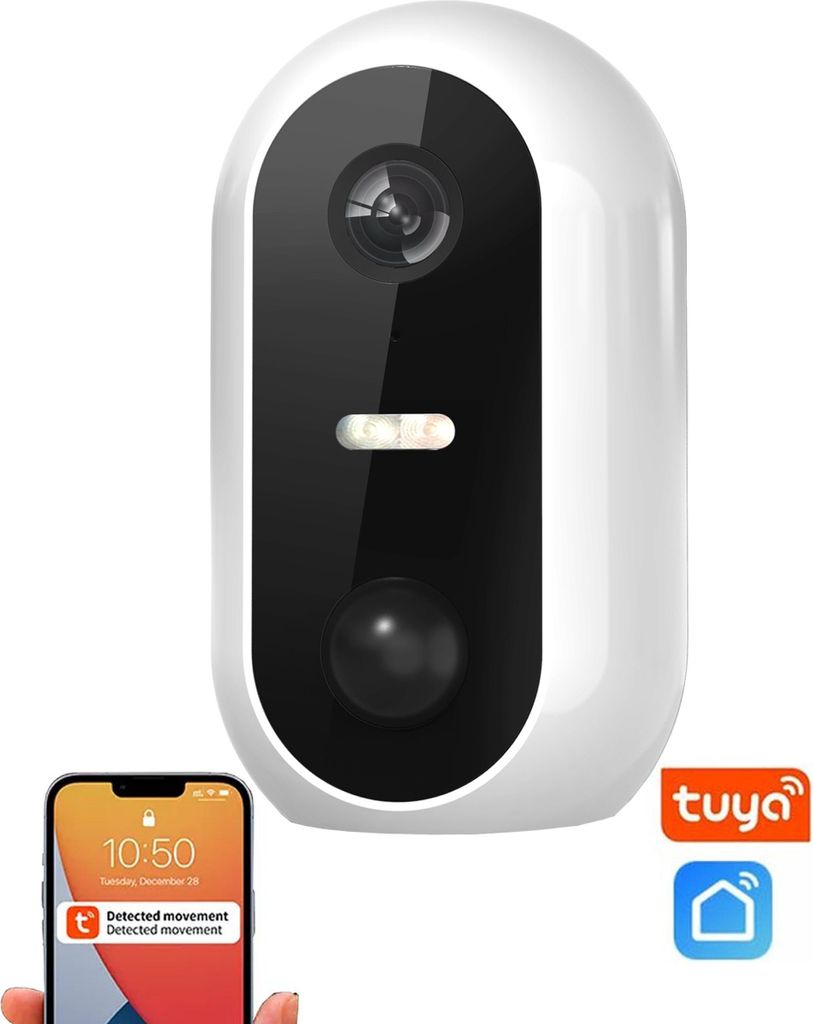 A smart outdoor camera and a smartphone displaying a notification.