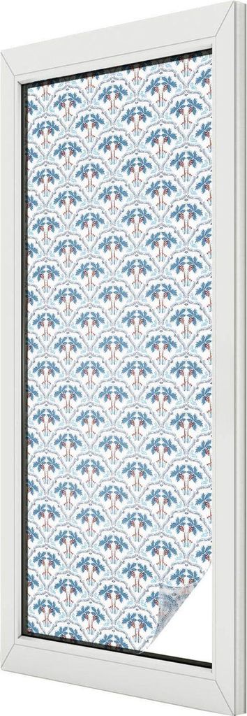 Buntglas Fensterfolie – 146x50 cm – Stained-Glass Design – blickdichte dekorative Sichtschutzfolie – selbstklebend, UV-Schutz – Blaue Palmen