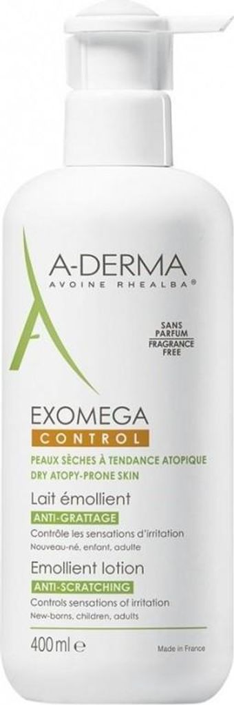 A white bottle of A-Derma Exomega Control emollient lotion with a pump dispenser.