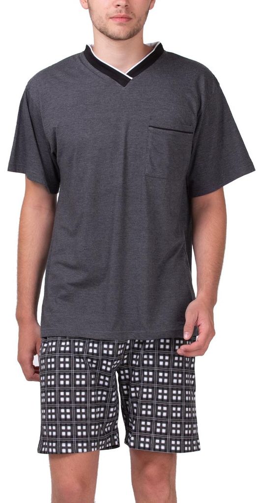 Moonline - Herren Shorty Schlafanzug kurz Pyjama mit karierter Hose aus 100% Baumwolle ; grau , 3XL
