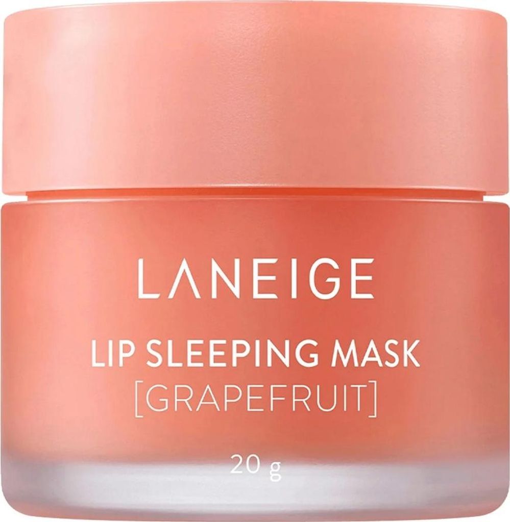 A close-up studio shot of a pink jar of Laneige Lip Sleeping Mask Grapefruit.