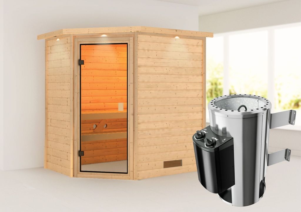 Karibu Sauna Innensauna Jella Eckeinstieg Ofen 3,6 kW intgr. Strg 224x159x191 cm mit Dachkranz