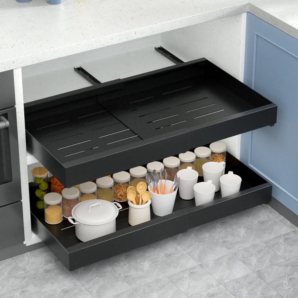 Teleskopische Lade, Ausziehbare Lade, Küchenschrank, Verstellbare Breite, Metall-Kastenorganizer, Ausziehbar, Ohne Bohren, Für Küche, Badezimmer...