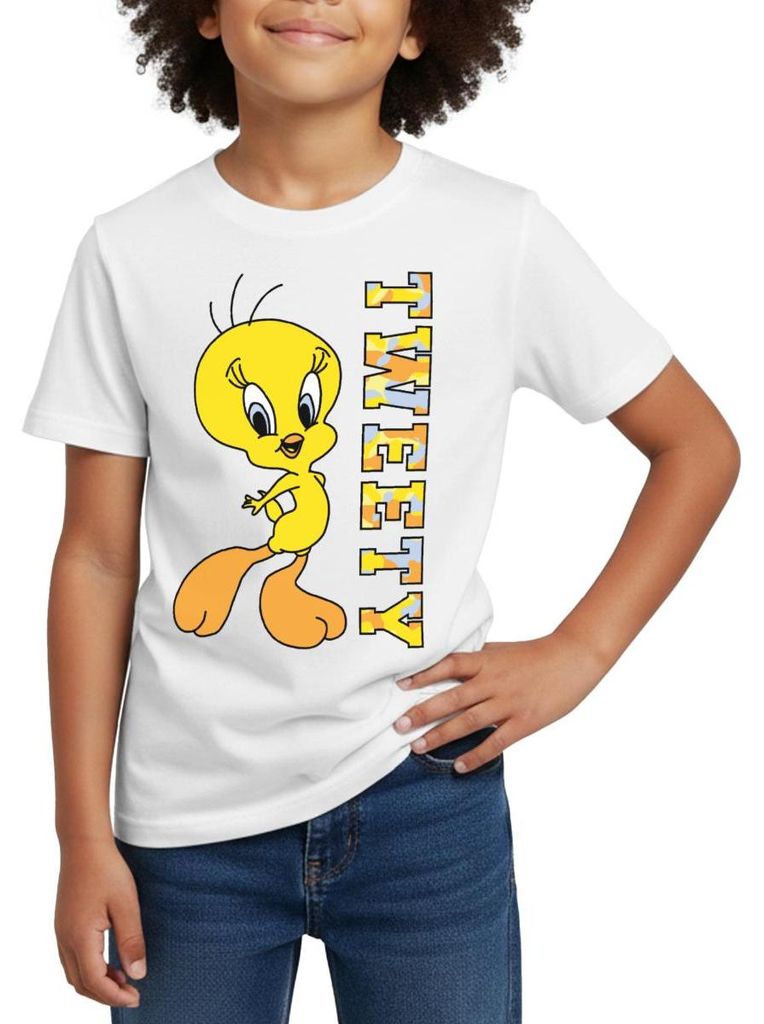 Spreadshirt Looney Tunes Tweety Camouflage Kinder T-Shirt, 122/128 (7-8 Jahre), Weiß