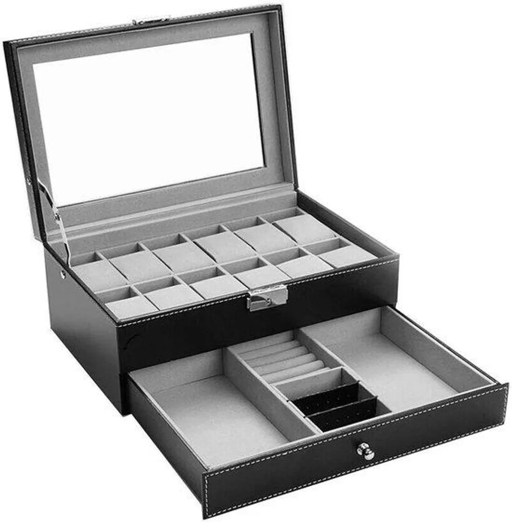 Organisateur Montres 12 Compartiments avec Tiroir à Bijoux et Clef