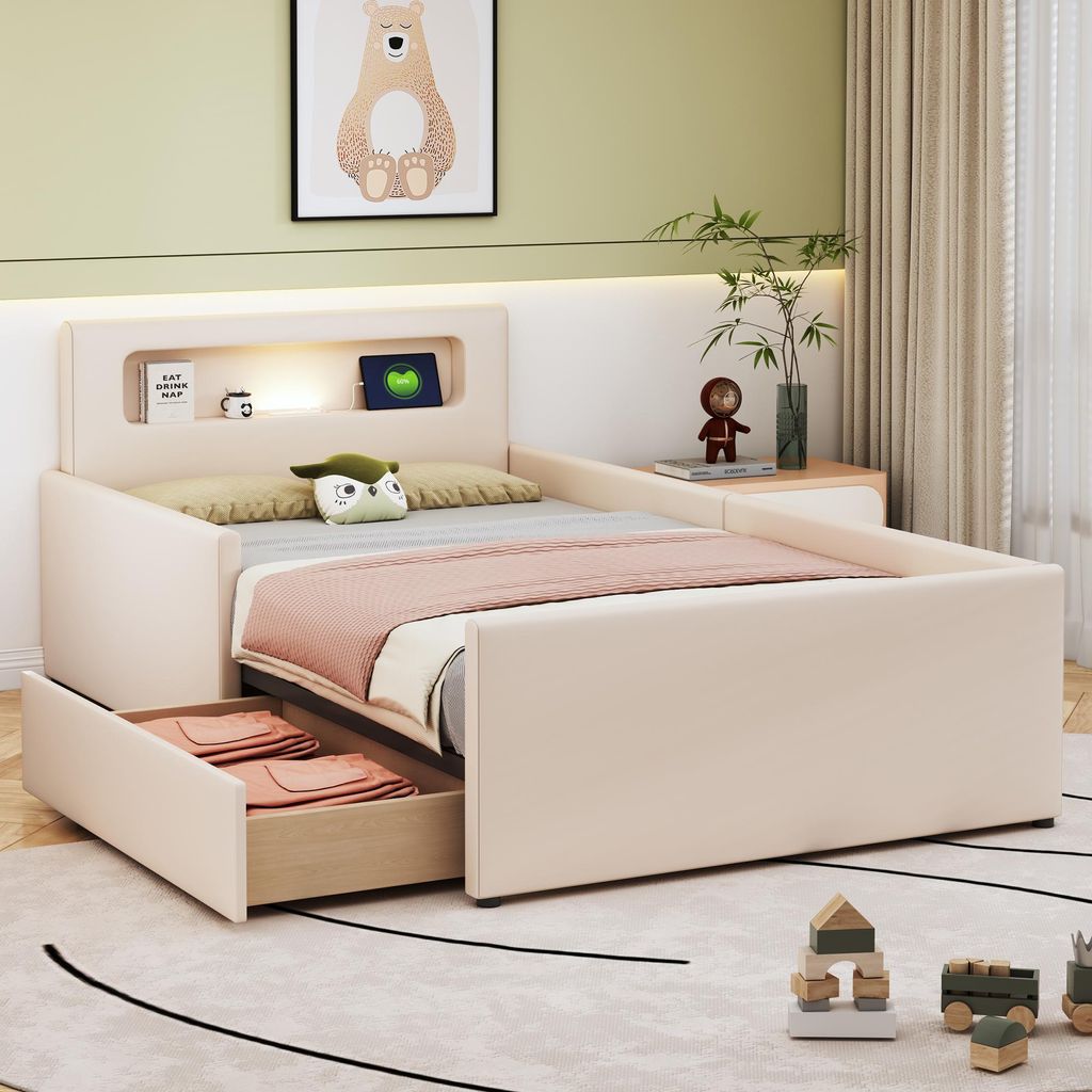Merax Polsterbett Kinderbett 90x200 cm mit Nachtlicht und USB, Einzelbett mit Ablagefächern, erhöhten Seitenteilen, Schublade, Kunstlederstoff Beige