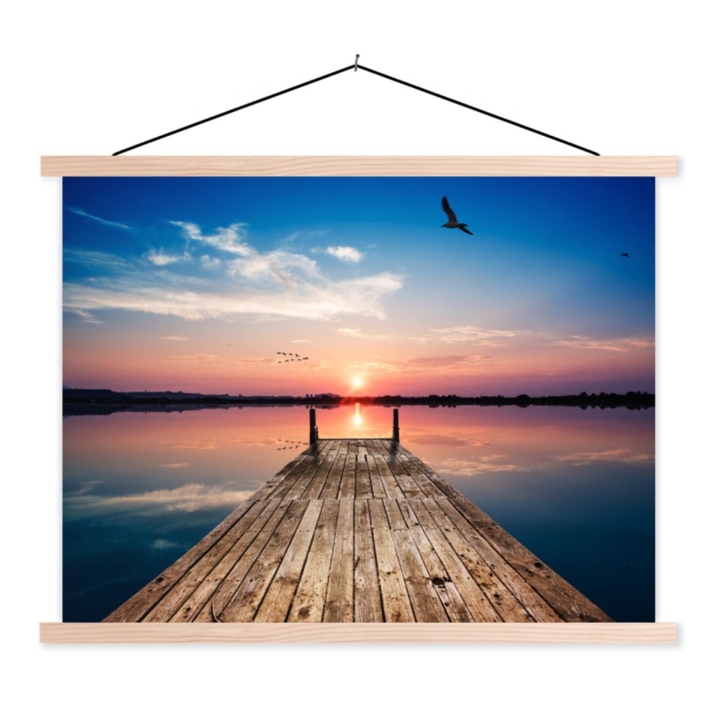MuchoWow Textilposter Steg - Wasser - Sonnenuntergang - Rosa - Horizont 120x90 cm mit holzfarbenen Rahmen - Magnetisch