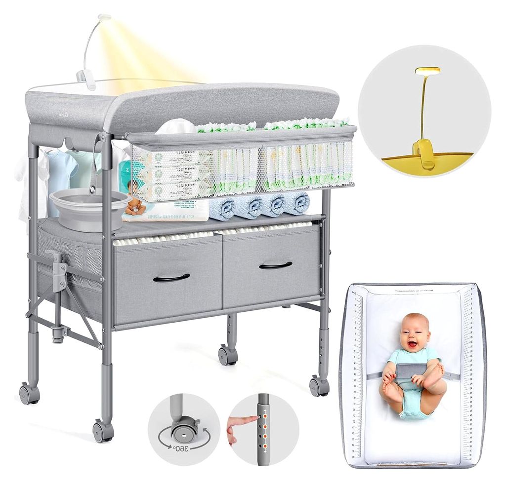 Tragbare Baby Wickelkommode mit Schubladen und Nachtlicht, Höhenverstellbarer Mobiler Wickeltisch Klappbar mit Sicherheitsgurt, Geräumiger Staura...
