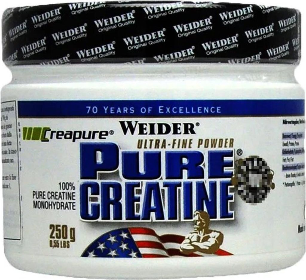 A white plastic tub of creatine powder with branding and nutritional information.