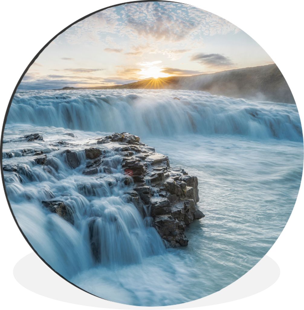 MuchoWow Aluminium Wandkreis Wasserfall - Wasser - Steine - Sonne - Natur Ø 90 cm Wanddeko Modern Wohnzimmer - Mauerkreis - Wandbilder - Runde B...