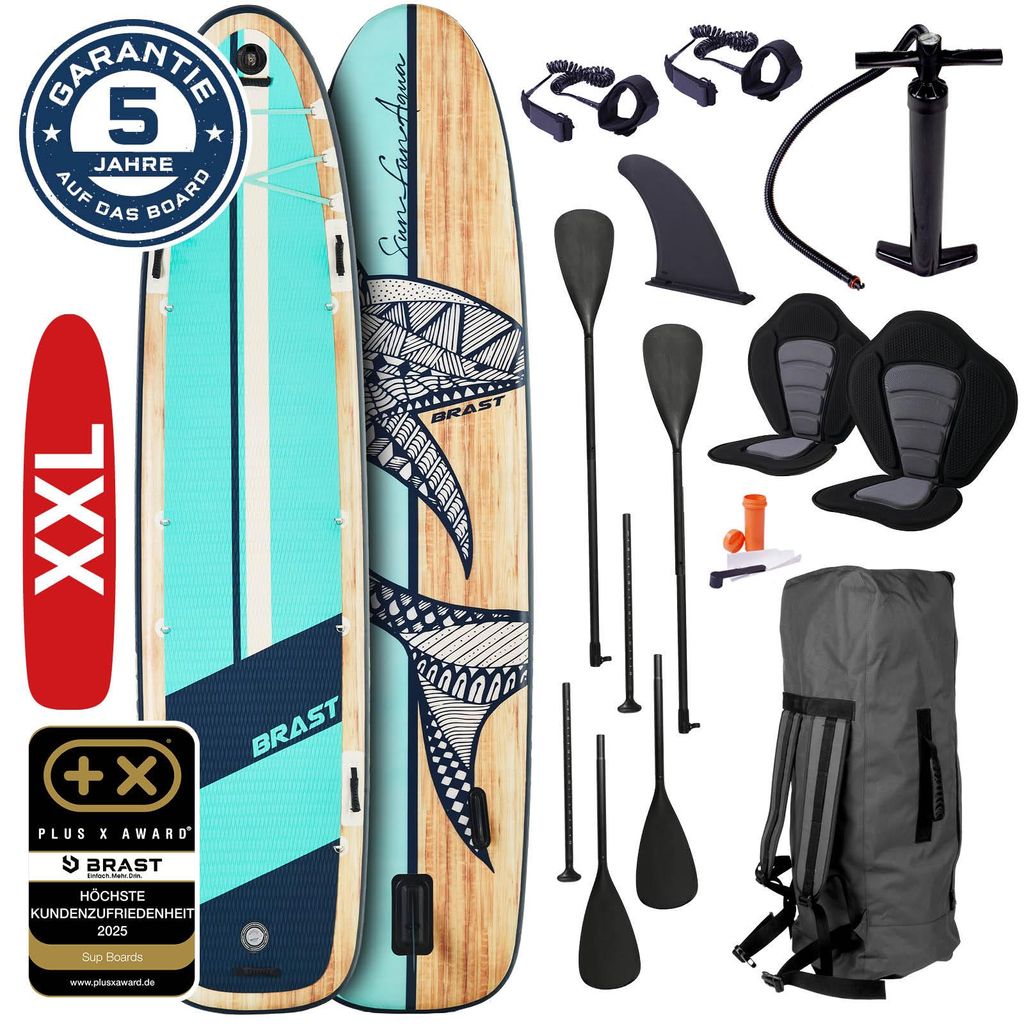 BRAST SUP Board Family | Aufblasbares Stand up Paddle Set XXL | 370x87x15cm bis 250kg | 7 Designs | inkl. Zubehör 2X Kajak-Sitz 2X Fußschlaufe 2X...